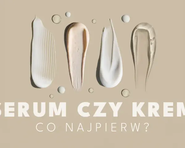 Smugi kremów i serum na beżowym tle. Czy na serum trzeba nakładać krem? Tekst: SERUM CZY KREM CO NAJPIERW?