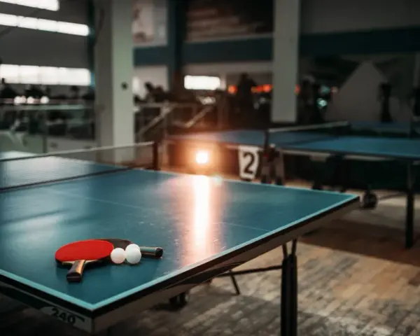 Tischtennisplatten in Berlin, bereit für das nächste Match. Ein roter Schläger und zwei weiße Bälle liegen auf dem blauen Tisch.