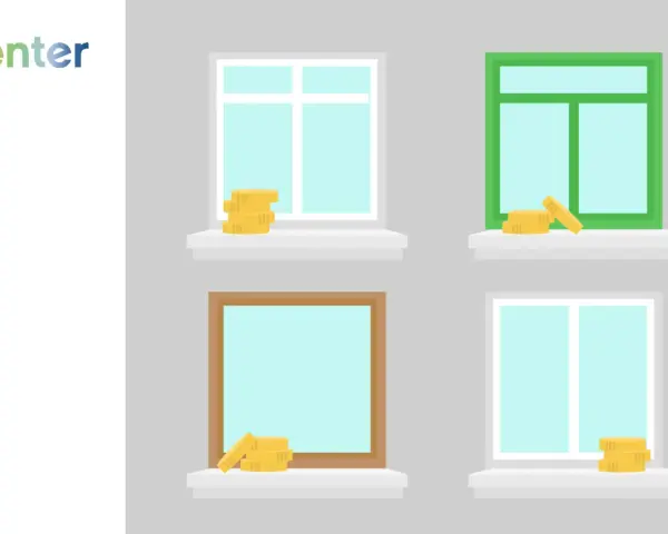 Stapel Münzen auf Fensterbänken, die unterschiedliche Fensterrahmen und -größen zeigen. Die Grafik illustriert die Frage nach den Fenster Kosten pro m2.