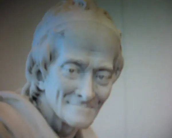 Buste en marbre d'un homme au sourire énigmatique, œuvre de Jean-Antoine Houdon.
