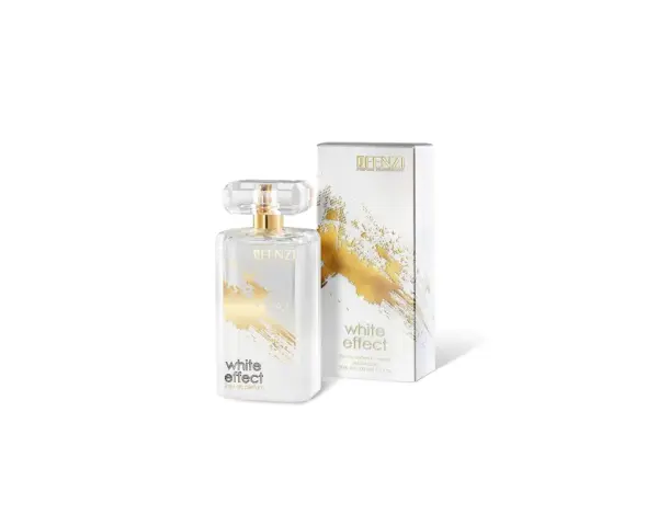 Elegancka butelka perfum Jfenzi White Effect z kartonikiem, ozdobiona złotymi pociągnięciami pędzla.