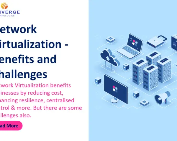 Isometric illustration showcasing network virtualization solutions, with servers, laptops, and cloud icons connected by lines.