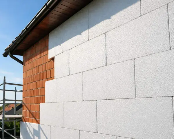 Budowa domu w toku: biały styropian na elewację przykrywa ceglany mur. Widać rusztowanie i fragment dachu.