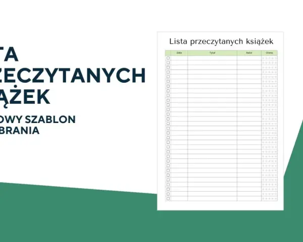 Lista przeczytanych książek – darmowy szablon do pobrania. Pomaga śledzić książki, które trzeba przeczytać, z miejscem na datę, tytuł, autora i ocenę.
