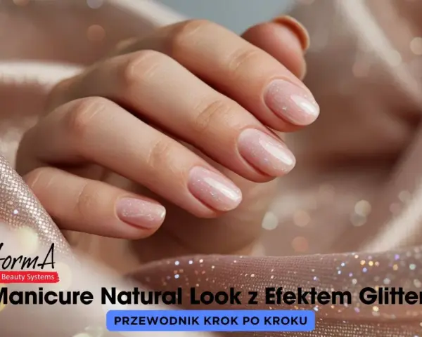 Delikatne zdobienie paznokci w naturalnym stylu z efektem glitter. Dłonie prezentują subtelny manicure, podkreślony blaskiem.