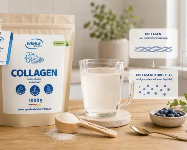 Kollagenhydrolysat: Was ist das? Das Pulver von Wehle Sports wird aus Kollagen gewonnen und in kleine, leicht lösliche Peptide aufgespalten.