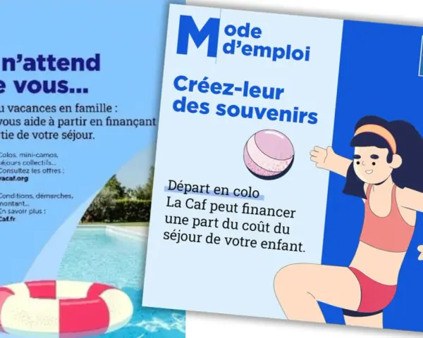Illustration d'une jeune fille en maillot de bain, d'une bouée et d'une piscine, avec des textes sur les colonies de vacances.