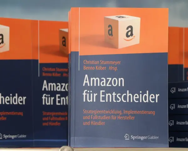 Bücher "Amazon für Entscheider" mit Amazon-Logo-Würfel im Vordergrund.