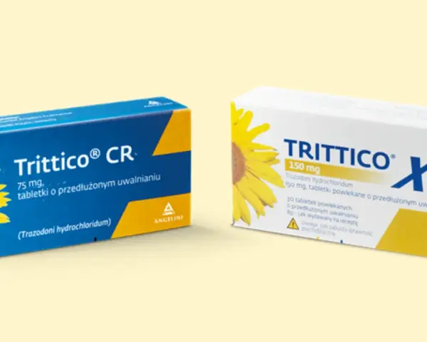 Dwa opakowania leku Trittico CR i Trittico XR z motywem słonecznika. Trittico CR 75 mg, Trittico XR 150 mg.