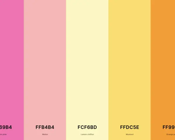 Paleta barw: od gorącego różu, przez melon, cytrynowy szyfon, musztardowy, aż po pomarańczową skórkę. Idealne do projektu z akcentem RAL 1028.