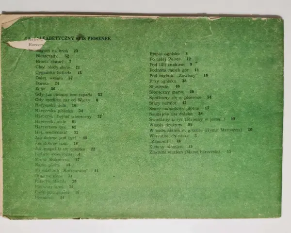 Spis piosenek turystycznych i harcerskich. "Płonie ognisko", "Harcerzem być", "Zielony płomień" i wiele innych.