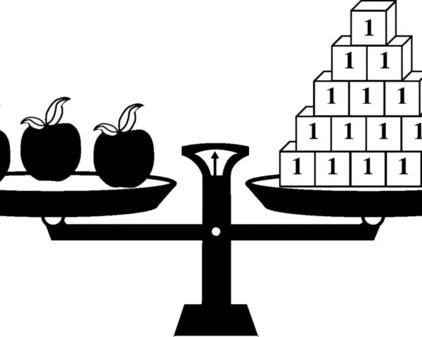 Balanza con tres manzanas en un lado y una pirámide de cubos con el número 1 en cada uno en el otro. El cuerpo manzana como vestir.
