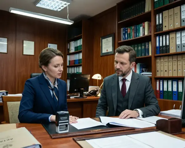 Kobieta i mężczyzna w garniturach omawiają dokumenty przy biurku. W tle regały z aktami, sugerujące sprawy dotyczące wspólności majątkowej.