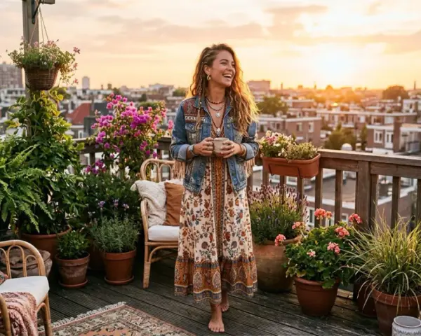 Une femme à l'allure hippie, robe fleurie et veste en jean, savoure une boisson sur un balcon fleuri, au coucher du soleil.