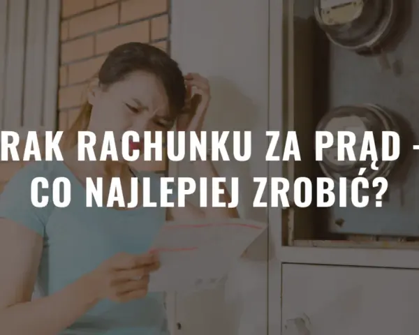 Zmartwiona kobieta trzyma w ręku dokument, obok skrzynka z licznikami. Brak rachunku za prąd – co dalej?