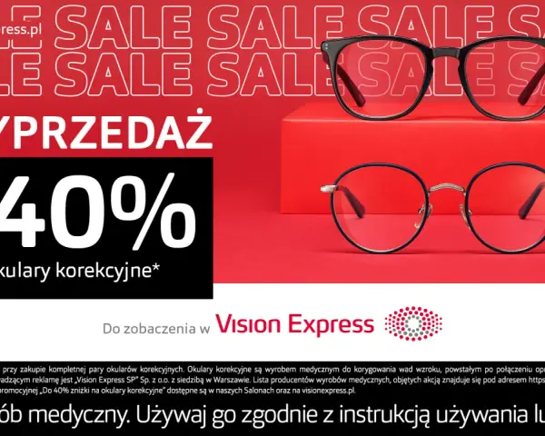 Dwa modele okularów korekcyjnych na czerwonym tle z napisem "WYPRZEDAŻ" i "Do 40%".