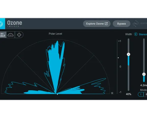 Ozone Imager 2 pokazuje wykres polarny poziomu dźwięku, z suwakami szerokości i stereo.