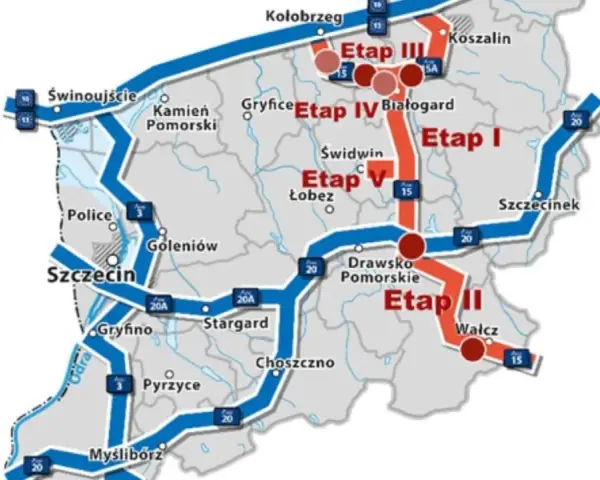 Mapa przedstawia stary kolejowy szlak podzielony na etapy I-V, z zaznaczonymi miastami jak Szczecin, Koszalin, Kołobrzeg.