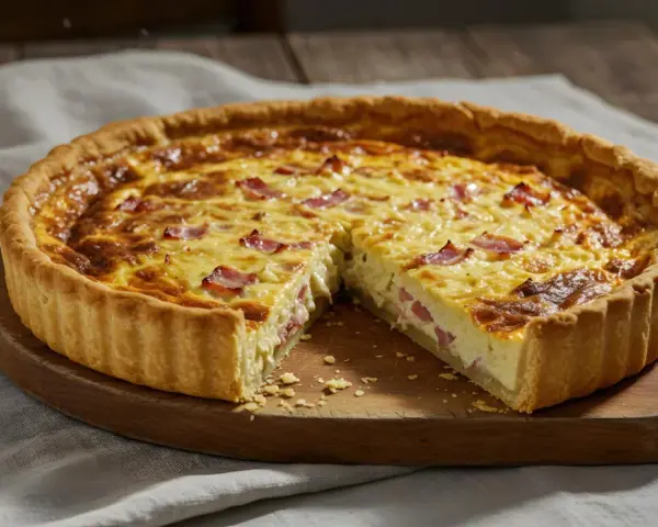 Quiche Lorraine entera con una porción cortada, mostrando su interior cremoso y trozos de tocino.