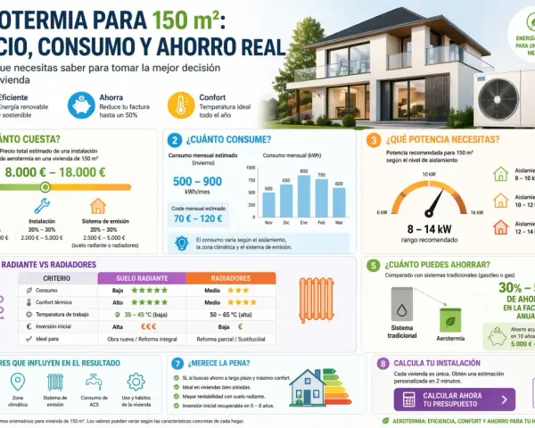 Infografía sobre aerotermia para 150 m². Explica coste, consumo y ahorro. Ideal para obtener agua caliente eficiente y sostenible.