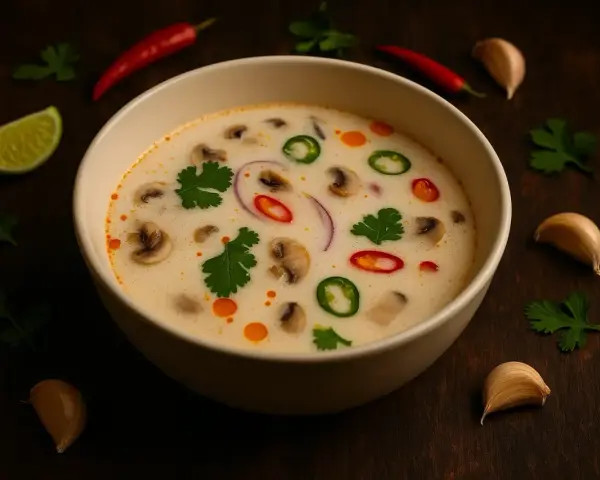 Aksamitna zupa tom kha z grzybami, chili i kolendrą. Idealny przepis na rozgrzewający posiłek.