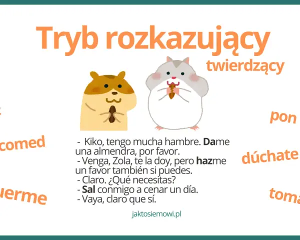 Dwa chomiki ilustrują tryb rozkazujący, z przykładami jak "haz" i "duerme", które mogą być użyte w zdaniach z trybem subjonctivo presente.