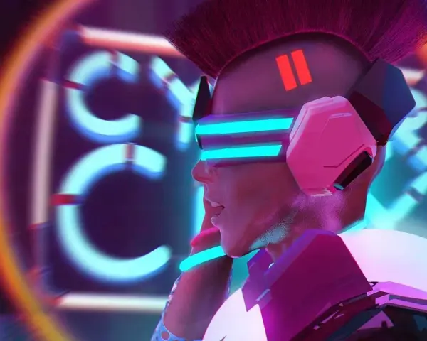 Cyberpunk-Figur mit leuchtenden VR-Brillen und Irokesenschnitt, inspiriert von OpenAI MuseNet, im Neonlicht.