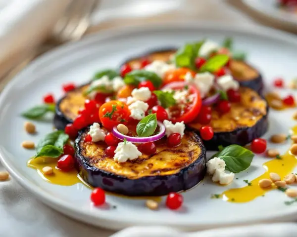 Délicieuse recette avec aubergine grillée, tomates cerises, fromage frais, grenade et pignons de pin. Un plat coloré et savoureux.