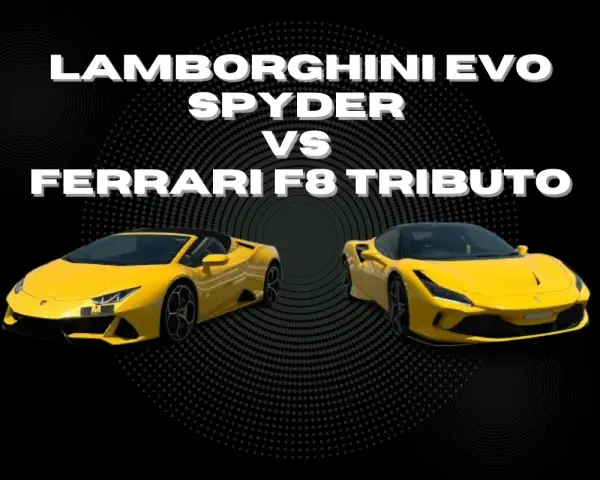 Dwa żółte supersamochody: Lamborghini Evo Spyder i Ferrari F8 Tributo.