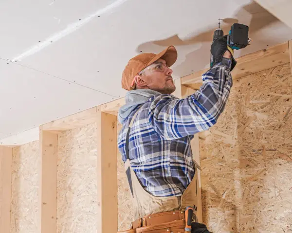Uomo con trapano installa pannelli per isolamento acustico fai da te sul soffitto di una stanza in costruzione.