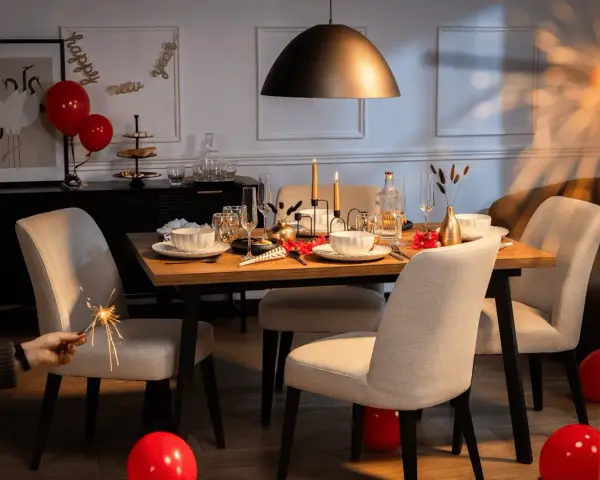 Stół nakryty do kolacji, świece, balony i sztuczne ognie tworzą atmosferę imprezy w stylu lat 70.