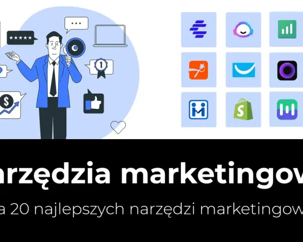 Ilustracja przedstawia mężczyznę z megafonem otoczonego ikonami symbolizującymi narzędzia marketingowe, takie jak smartfon, gwiazdki, serce, wykresy i torba na zakupy.