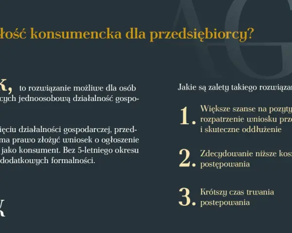 Upadłość konsumencka dla przedsiębiorcy. Informacje o możliwości złożenia wniosku o ogłoszenie upadłości jako konsument po zamknięciu działalności. Zalety: większe szanse na oddłużenie, niższe koszty i krótszy czas postępowania.