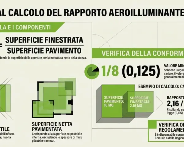 Guida al calcolo del rapporto aeroilluminante (R.A.I.). Spiega come calcolare il rapporto tra superficie finestrata e pavimento, con esempio pratico.