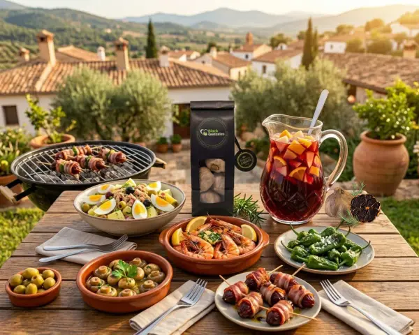Tapas selber machen: Köstliche Garnelen, Pilze, Oliven, Spieße und Sangria auf einem Tisch im Freien mit Blick auf eine mediterrane Landschaft.