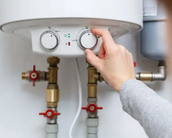 Adjusting the temperature dial on a water heater, showing its plumbing connections.