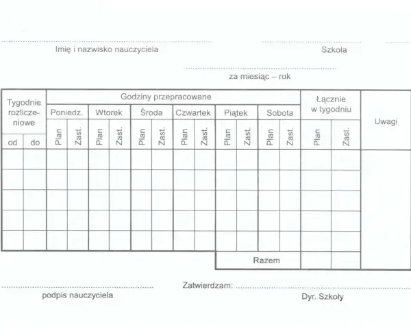 Formularz do rozliczania godzin pracy nauczyciela, uwzględniający godziny ponadwymiarowe, z podziałem na dni tygodnia i typy zajęć (plan, zastępstwo).