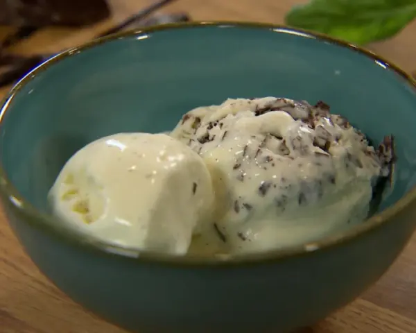 Zwei Kugeln Milcheis, eine schlicht und eine mit Schokostückchen, in einer blauen Schale. Perfekt zum milcheis selber machen mit eismaschine.