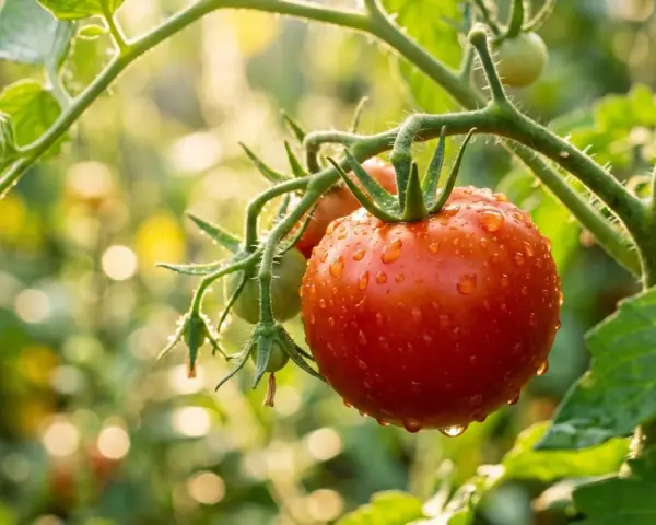Reife Tomaten an einer Pflanze, bedeckt mit Tautropfen. Die Sonne scheint durch das Laub und beleuchtet die saftigen Früchte.