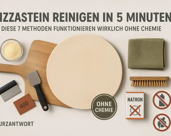 Pizzastein reinigen angebrannt? Hier sind Werkzeuge wie Bürste, Schaber, Schleifpapier und Natron für die chemiefreie Reinigung.