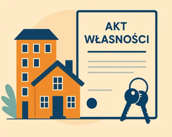 Akt własności i klucze symbolizują przekształcenie użytkowania wieczystego we własność. Dom i budynek obok.