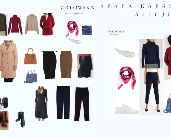 Kolekcja ubrań i akcesoriów tworzących szafę kapsułową. Znajdziesz tu płaszcz, marynarki, swetry, spódnice, spodnie, sukienkę, torebki, buty i paski.