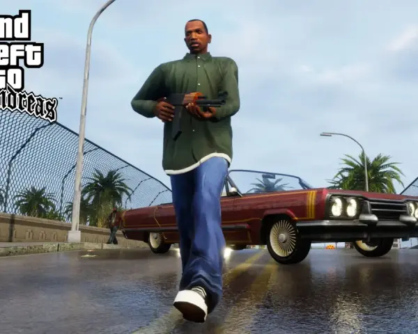 CJ camina con un arma, listo para usar trucos San Andreas PS2. Un coche clásico rojo espera.