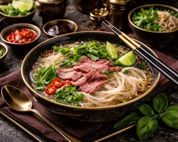 En skål med vietnamesisk mat, pho, med nudlar, tunt skivat kött, färska örter och lime.