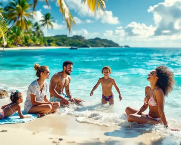 Famille profitant d'un voyage mer paradisiaque, rires et soleil sur une plage tropicale aux eaux turquoise.