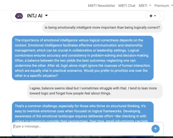 Rozmowa o inteligencji emocjonalnej vs. logicznej. INTJ AI omawia, jak INFJ inteligencja może pomóc w równoważeniu logiki z empatią.