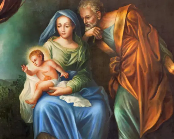 Święta Rodzina w chwili narodzin Jezusa. Maryja trzyma Dzieciątko, Józef czuwa.