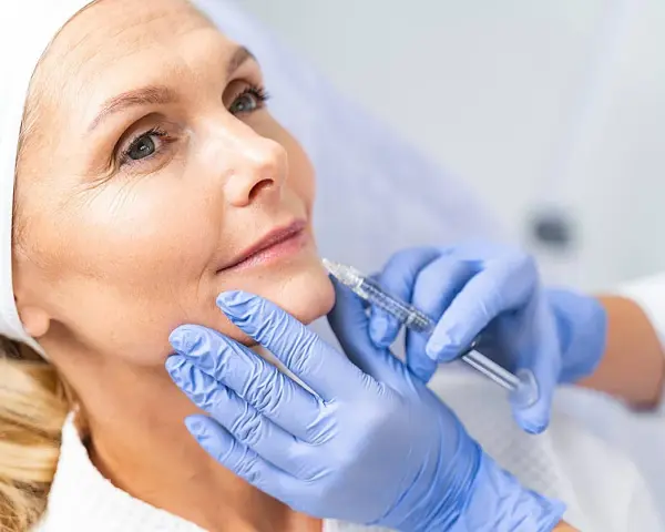 Mujer recibe tratamiento facial con exosomas. Manos enguantadas aplican inyección para rejuvenecer la piel.