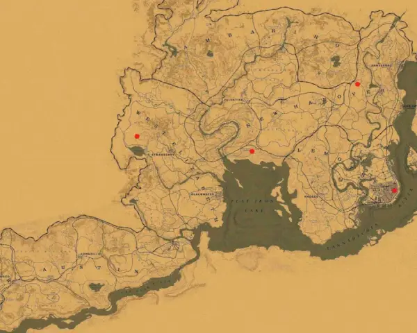 Mapa de Red Dead Redemption 2 con puntos rojos indicando ubicaciones de tramperos.