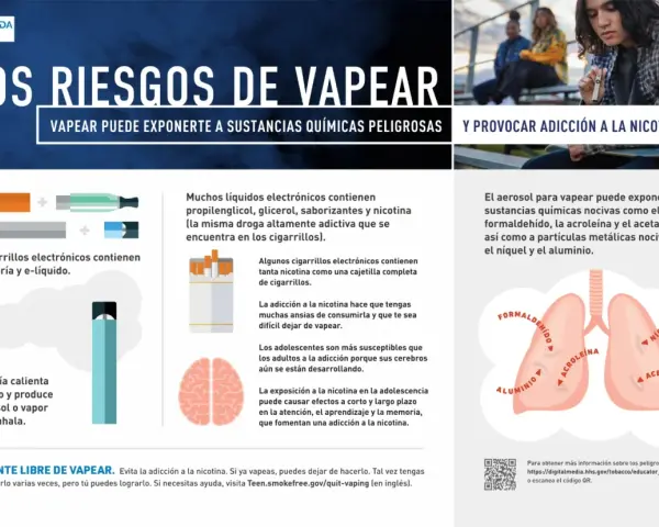 Los cigarrillos electrónicos contienen nicotina, una droga adictiva. El vapeo puede causar adicción y dañar tu cerebro. La nicotina es mala.